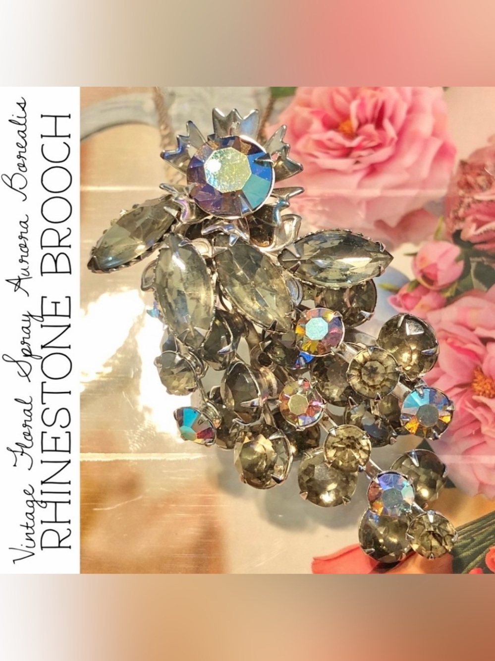 Vintage Floral Spray Crystal Aurora Borealis Rhinestone Prong Set Brooch